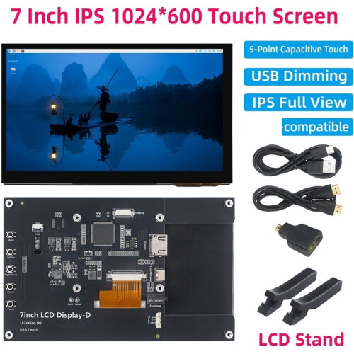 Tela IPS LCD de 7 Polegadas Compatível com  para Raspberry Pi, Resolução 1024x600, Sensível Ao Toque Capacitiva para Raspberry Pi 5, 4B, 3B+ e 3B 1