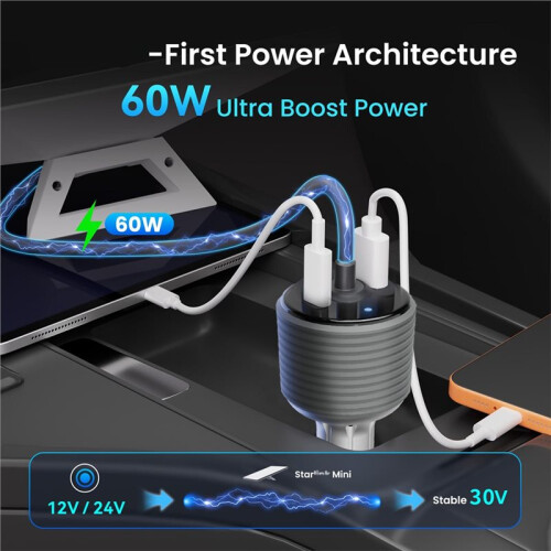 For Star  Cigarette Lighter 12V/24V  Boost Converter to 30V with Dual USB Interfaces 3in1 Design 2