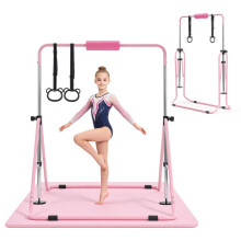 Barra de Ginástica para Crianças com Tapete-Duoku-Carga Máxima de 63,5 kg, Equipamento Dobrável e Ajustável em Altura, Rosa