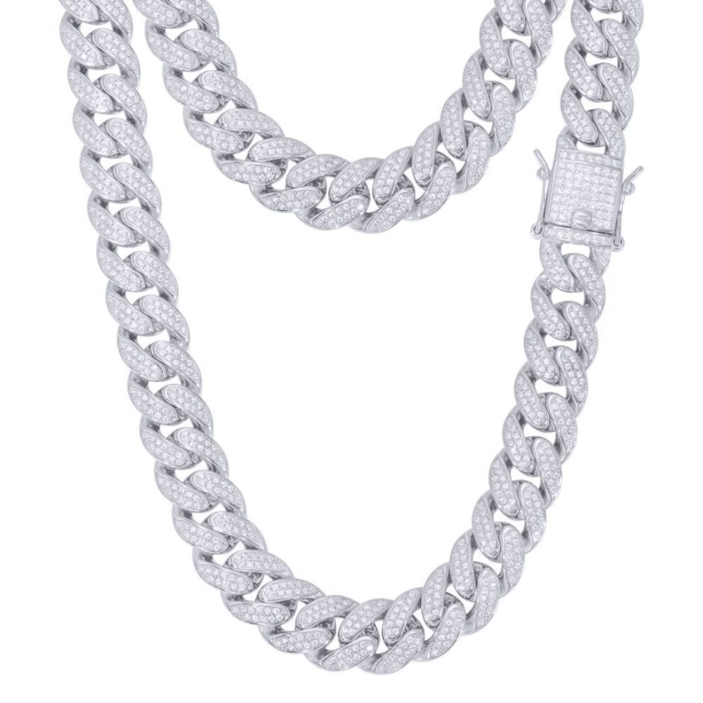 Jewelco London (24) Men's Rhodium Silver Round Cz Encrusted Cuban Curb 12Mm Chain Necklace - Abb199
