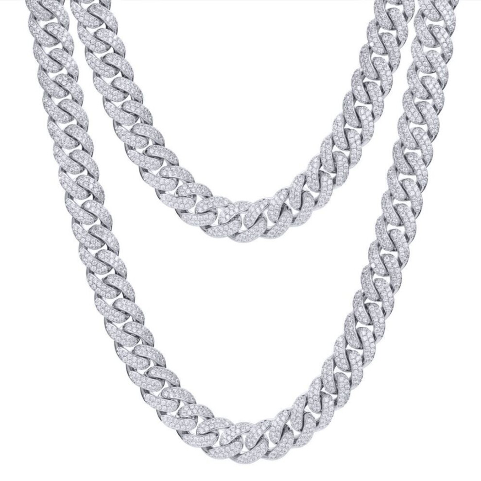 Jewelco London (24) Men's Rhodium Silver Round Cz Encrusted Cuban Curb 14Mm Chain Necklace - Abb200