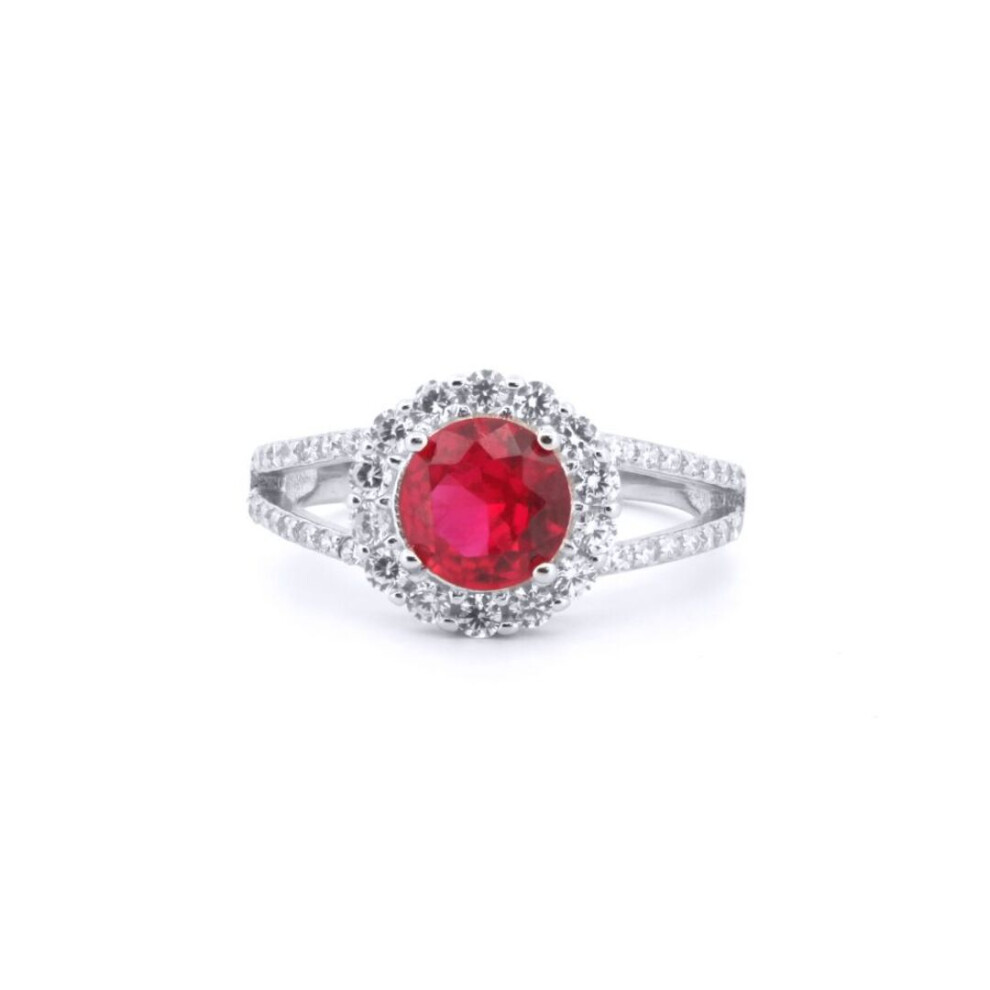 Jewelco London (N) Rhodium Silver Red Round Brilliant Cz Split Shoulder Halo Solitaire Cluster Ring - Arn188r