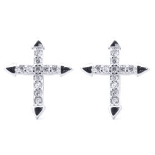Jewelco London Rhodium Silver Round CZ Arrowhead Cross Stud Earrings - AES181