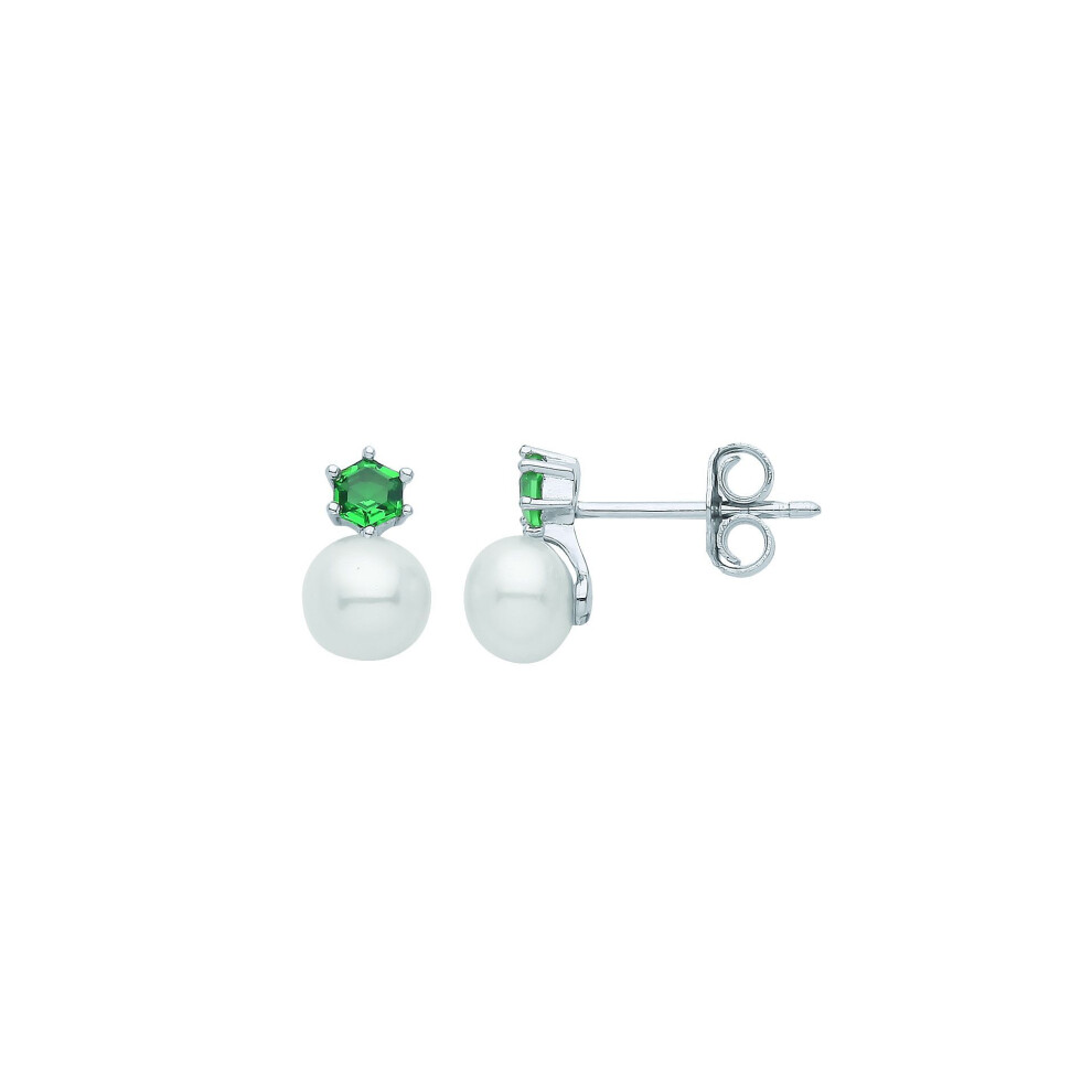 Jewelco London Sterling Silver Cream Green Hexagon Honeycomb Pearl Cz Headdress Stud Earrings - Gve941