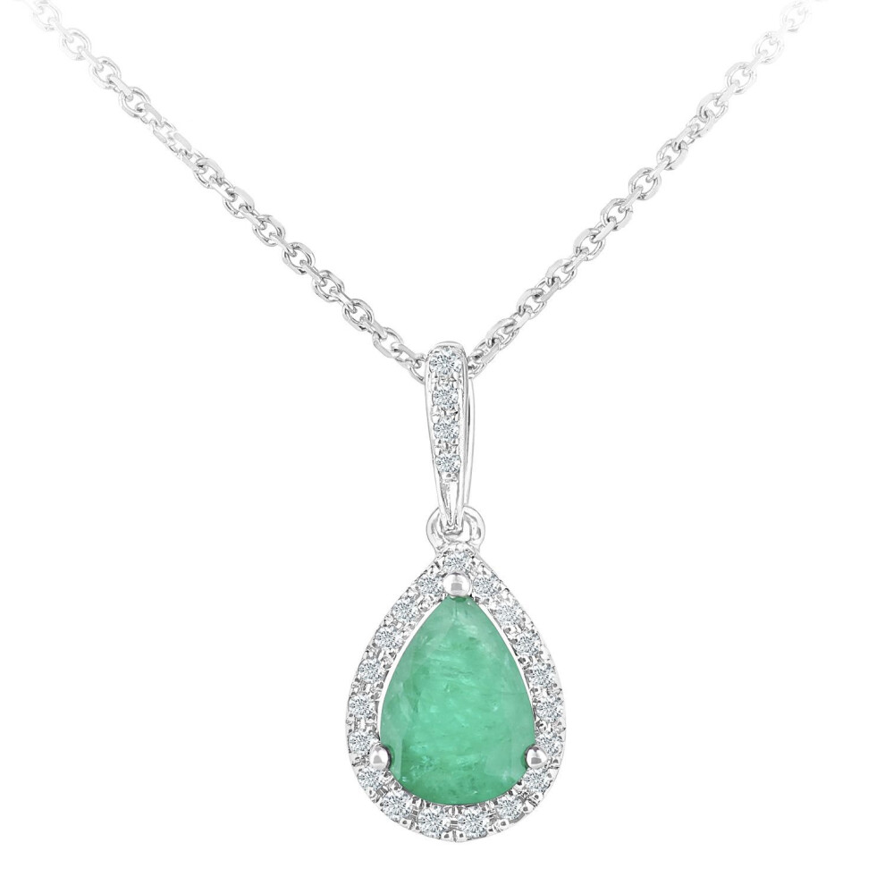 Jewelco London 9Ct White Gold Round 8Pts Diamond Pear 0.6Ct Emerald Teardrop Pendant Necklace 16 Inch 42Cm - Dp1axl618wem