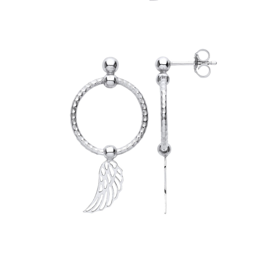 Jewelco London Ladies Platinum Plated Sterling Silver Angel Dove Wing Bead Barked Hoop Drop Earrings - Eag1102