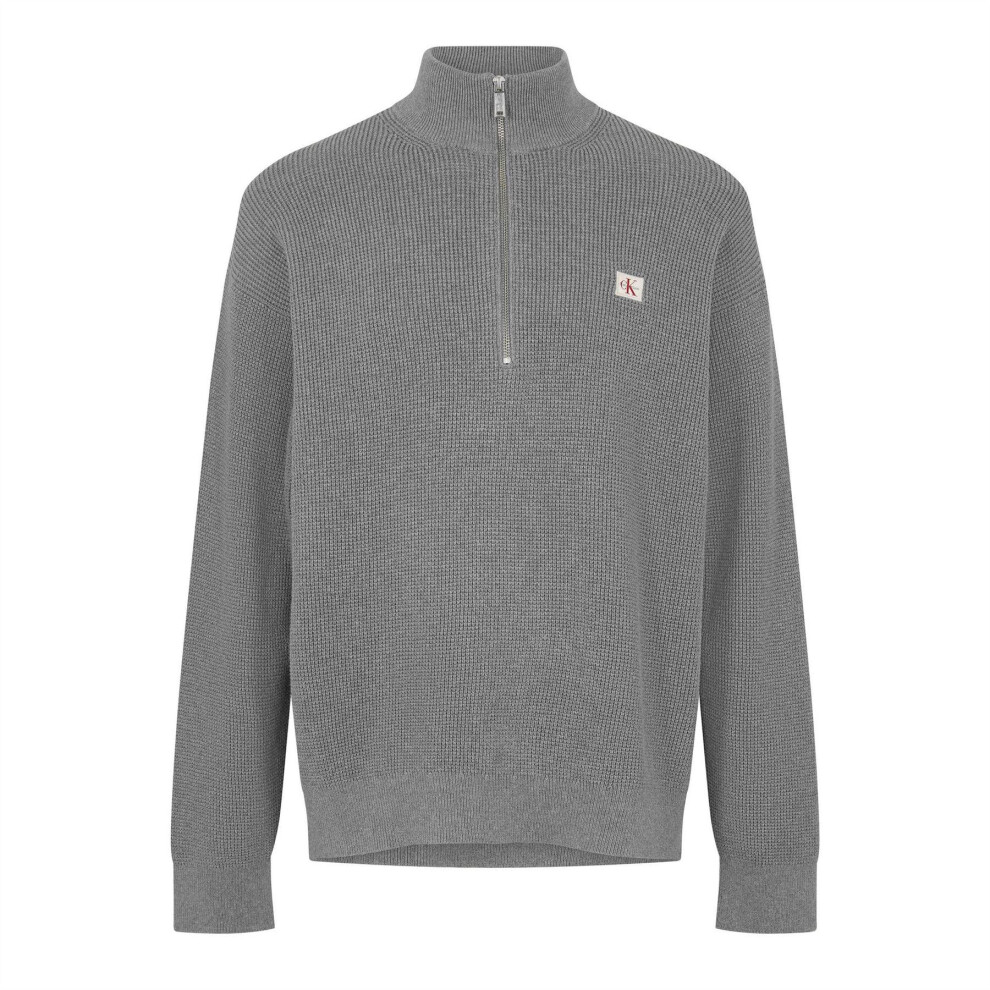 Calvin Klein (L, Grey Heather) Mens Waffle Knit Quarter Zip Jumper
