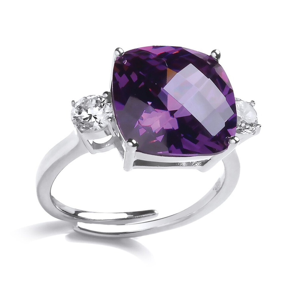 Jewelco London (M) Sterling Silver Purple Cushion Cubic Zirconia Shoulder-Set 4 Claw Solitaire Engagement Ring - Gvr794amy