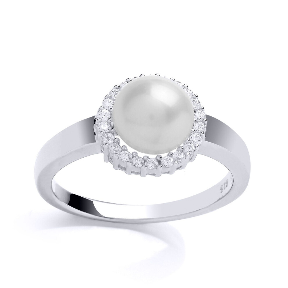 Jewelco London (P) Ladies Sterling Silver Cubic Zirconia & Freshwater Cultured Pearl Halo Solitaire Ring 9Mm - Gvr683