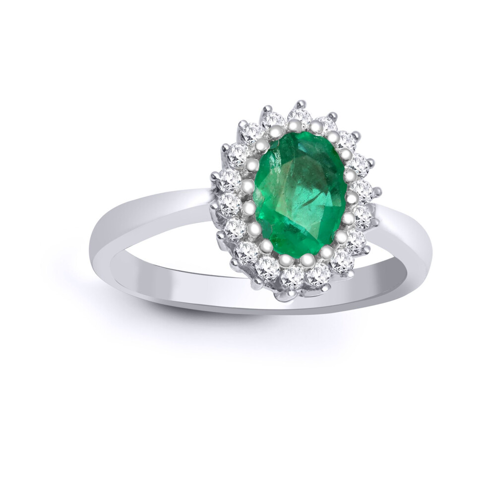 Jewelco London (S) 9Ct White Gold H I2 0.23Ct Diamond Oval Green 0.78Ct Emerald Classic Royal Cluster Ring 11Mm - 9R436