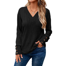 Damen-Langarmpullover V-Ausschnitt Knöpfe Vintage Schwarz S — damen vintage pullover, schwarzer pullover mit knöpfen, pullover mit v ausschnitt