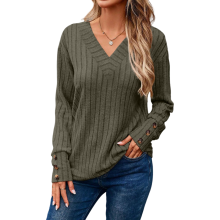 Jersey de Mujer de Manga Larga con Escote en V y Botones Estilo Vintage Verde M — suéter cuello pico, cárdigan mujer