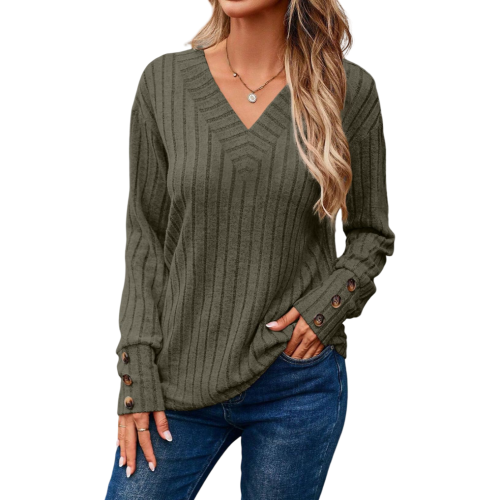 Damen-Langarmpullover mit V-Ausschnitt und Knöpfen Vintage Grün M — vintage damenpullover, grüner pullover, pullover mit v ausschnitt
