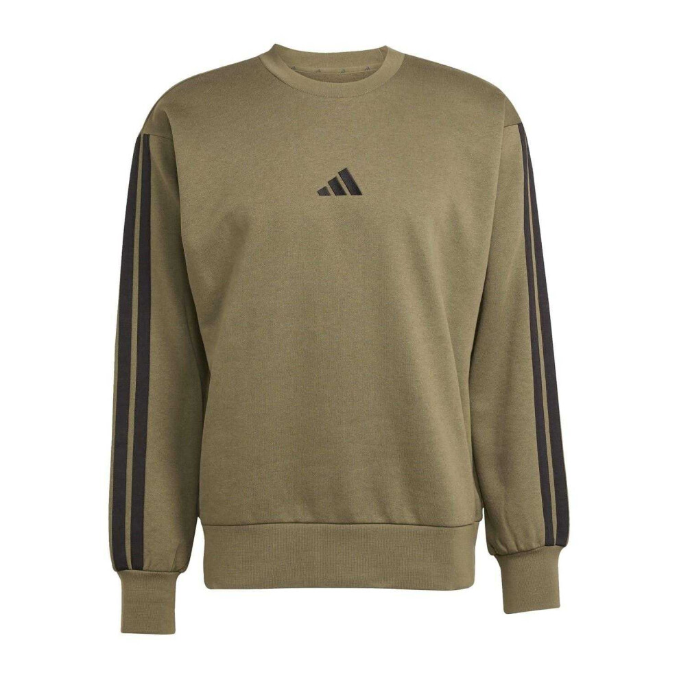 Adidas (L, Olive Strata) Mens Essentials 3 Stripes Fleece Sweatshirt