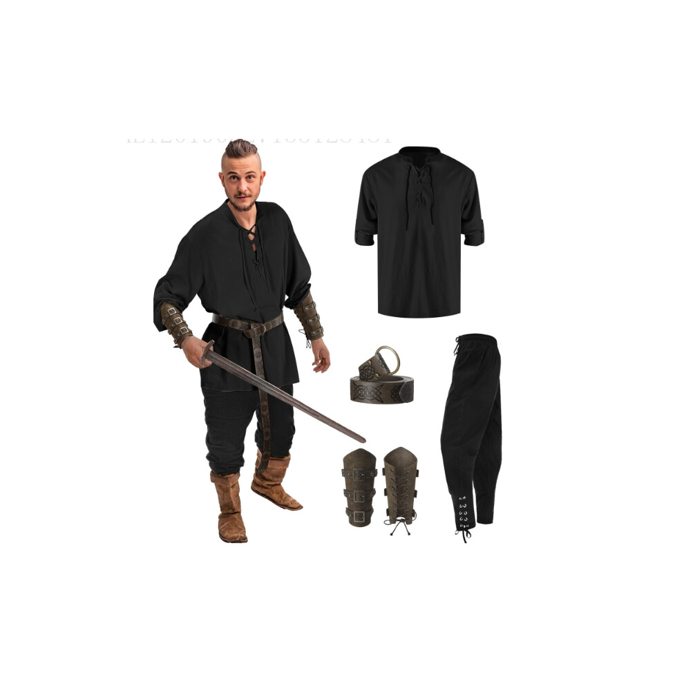 Photos - Fancy Dress  4 Pcs Halloween Men's Renaissance Costume Set Medieval Pirate Shirt Ankle Banded Pants Viking Belt Accessor(Black Black, L)