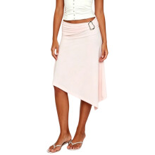 (S, Pink) Women's Flowy Midi Skirts Fashionable Casual Hardware Decor Elastic Waist Asymmetrical Hem Skirt