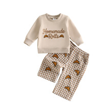 (12-18 Months, Brown) Toddler Boy Thanksgiving Outfits Letter Croissant Embroidered Crew Neck Long Sleeve Sweatshirt and Plaid Pants 2 Piece Set