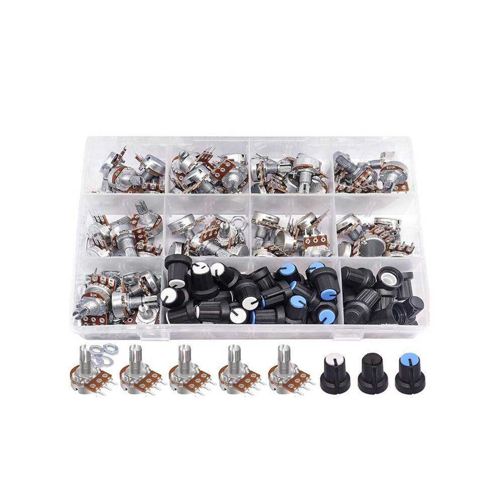 200Pcs Potentiometer Kit With Rotary Knobs,Wh148 B1k 5K 10K 20K 50K 100K 250K 500K 1M Ohm Potentiometers Single Linear 6033108101588