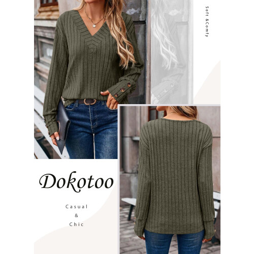 Dokotoo Damenpullover mit langem Ärmel, V-Ausschnitt – Eleganter grüner L — strickpullover damen grün, pullover dokotoo, pullover v ausschnitt 1