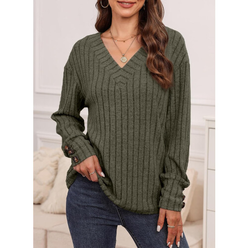 Dokotoo Damenpullover mit langem Ärmel, V-Ausschnitt – Eleganter grüner L — strickpullover damen grün, pullover dokotoo, pullover v ausschnitt 2