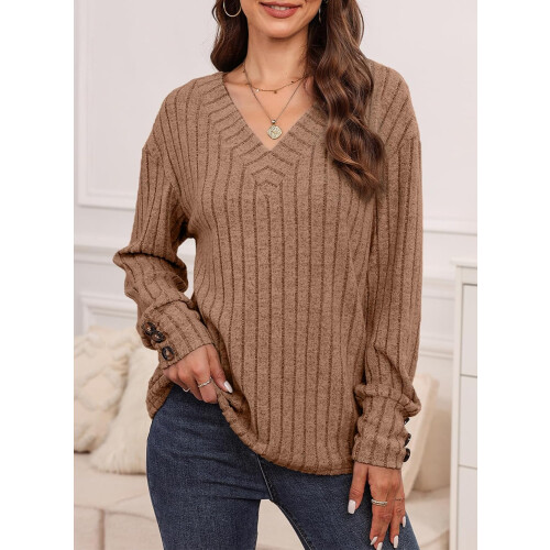 Dokotoo Damenpullover mit langem Ärmel V-Ausschnitt elegant Braun M — damenpullover dokotoo, brauner damenpullover, pullover mit v ausschnitt 2