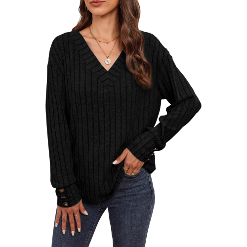 Damen-Langarmpullover V-Ausschnitt Knöpfe Vintage Schwarz S — damen vintage pullover, schwarzer pullover mit knöpfen, pullover mit v ausschnitt 1