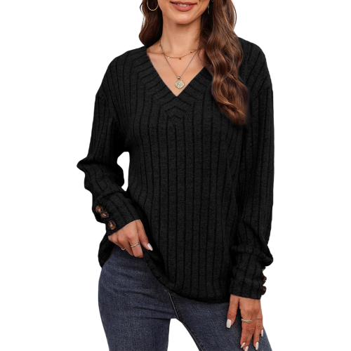 Damen-Langarmpullover V-Ausschnitt Knöpfe Vintage Schwarz S — damen vintage pullover, schwarzer pullover mit knöpfen, pullover mit v ausschnitt 2