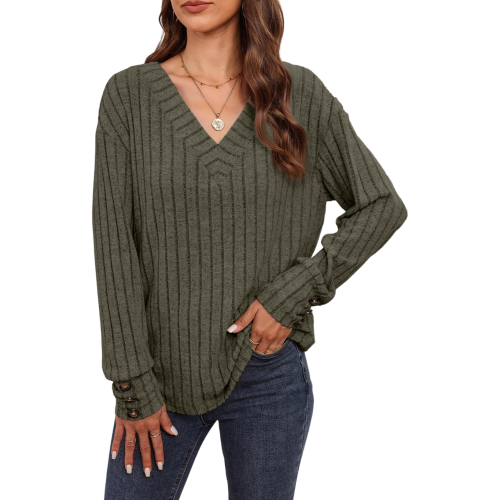 Damen-Langarmpullover mit V-Ausschnitt und Knöpfen Vintage Grün M — vintage damenpullover, grüner pullover, pullover mit v ausschnitt 2