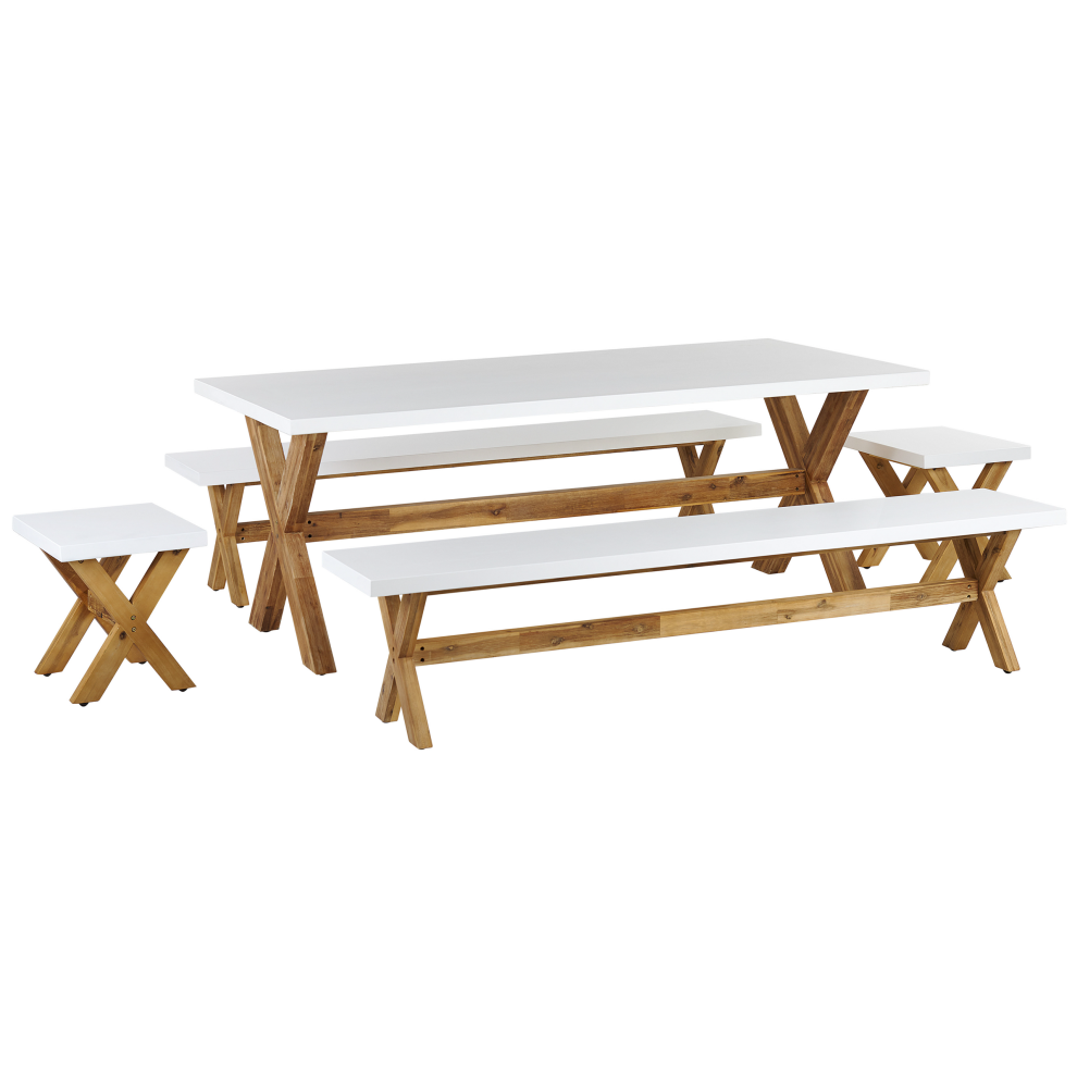 Beliani Olbia 8 Seater Garden Dining Set With Benches And Stools White Concrete