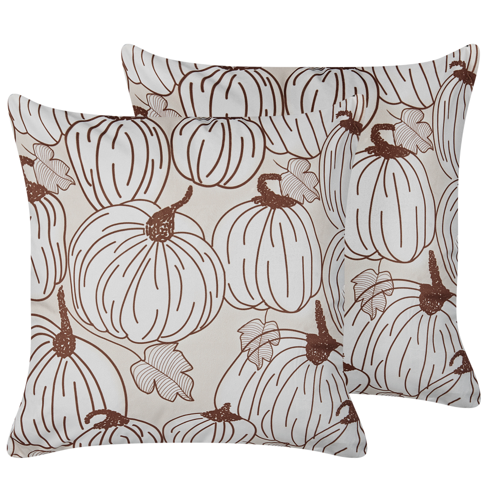 Beliani Set Of 2 Decorative Cushions Gourd Velvet 45 X 45 Cm Beige Plant Pattern
