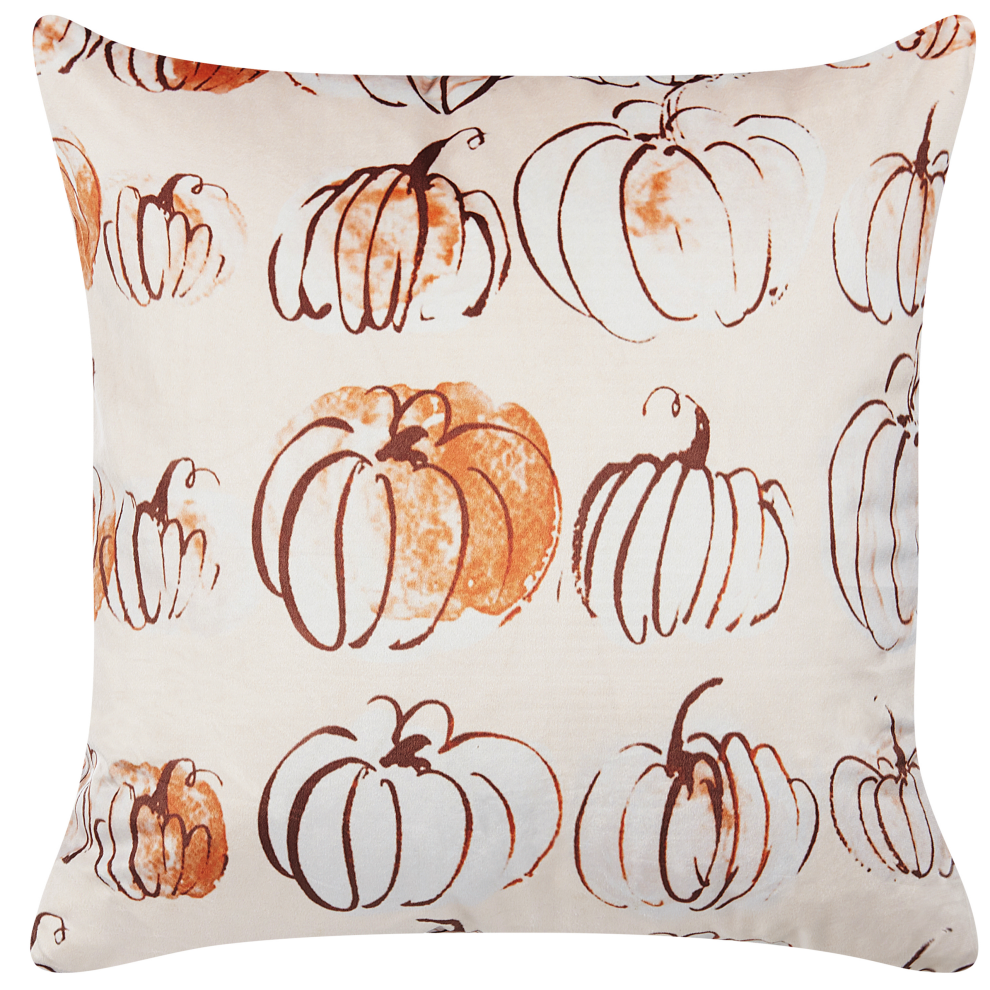 Beliani Throw Cushion Cucurbita Velvet 45 X 45 Cm Beige Plant Pattern
