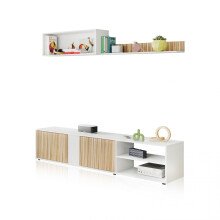 Salón con mueble de TV y estantería en blanco mate y natur 180 cm Alix