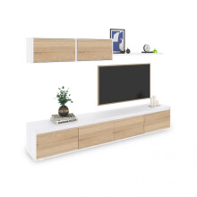 Salón con mueble de TV y estantería en blanco mate y roble canadian 200 cm Arlet