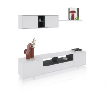 Salón con mueble de TV y estantería en blanco brillo y gris antracita 200 cm Kenzo