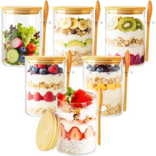 1set/6stuks Vochtbestendige Overnight Havermoutpot met , Herbruikbare Glazen Voedselopslagcontainer, Keukenopslag Tank