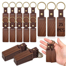 25 Stück Schlüsselanhänger-Rohlinge Aus Holz, Rechteckig, Aus Holz, mit Lederband, Gravurrohlinge, Schlüsselanhänger