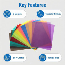 A4 Colored PVC Sheets 18-Pack, 9 Colors for DIY Crafts, Offices Use, Photography Light Gels, and Educational Projects