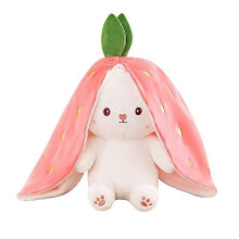 Brinquedo de pelúcia coelho reversível, travesseiro morango com zíper, material macio para decoração de quarto e sala