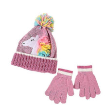 Strickmütze mit Einhorn-Motiv für Kleinkinder und Mädchen mit Zauberhandschuh, warm gefüttert, normale Passform, maschinenwaschbar