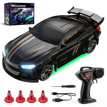 Mini coche RC de derrape a escala 1:64, tracción total con control proporcional, juguete con control remoto de 2,4 GHz con luces LED, carga tipo C.