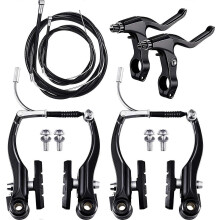 Complete zwarte fietsremmenset, voor en achter met binnen- en buitenkabels en remhendels, voor MTB- en hybridefietsen, 110 mm vorkhoek, 2 m kabels.