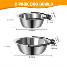 Comedouro e Bebedouro de Aço Inoxidável para Cães, Pendurado na Gaiola, Antiderrame, Conjunto 2 Peças, Prateado e Preto