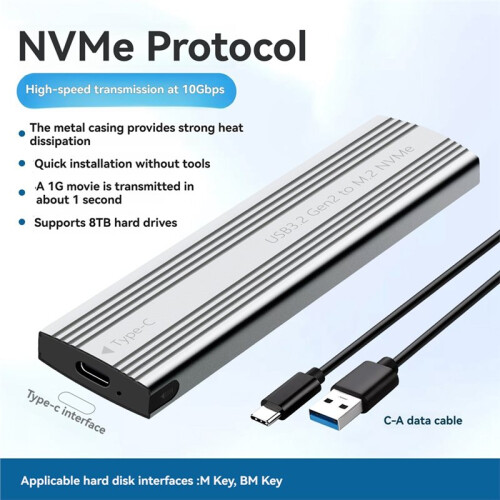 M.2 SSD Enclosure NVMe Protocol M.2 to USB3.2 Gen2 Type-C 10Gbps SSD Case M.2 Solid State Mobile Hard Disk Box Silver 1