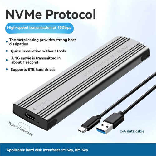 M.2 SSD Enclosure NVMe Protocol M.2 to USB3.2 Gen2 Type-C 10Gbps SSD Case M.2 Solid State Mobile Hard Disk Box Gray 1