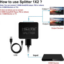 Divisor HDMI 1 Entrada 2 Salidas, Solo Duplicación Espejo, 4K@30Hz 3D Full HD 1080P, Amplificador Portátil