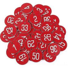 Engraved Metal Number Tags for Lockers and Tables, Red Discs 1-50 with Fixing Hole