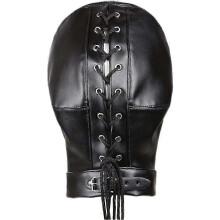 Masque à capuche en cuir ajustable avec lacets, idéal pour Halloween et le cosplay. Modèle unisexe noir, taille ajustable.
