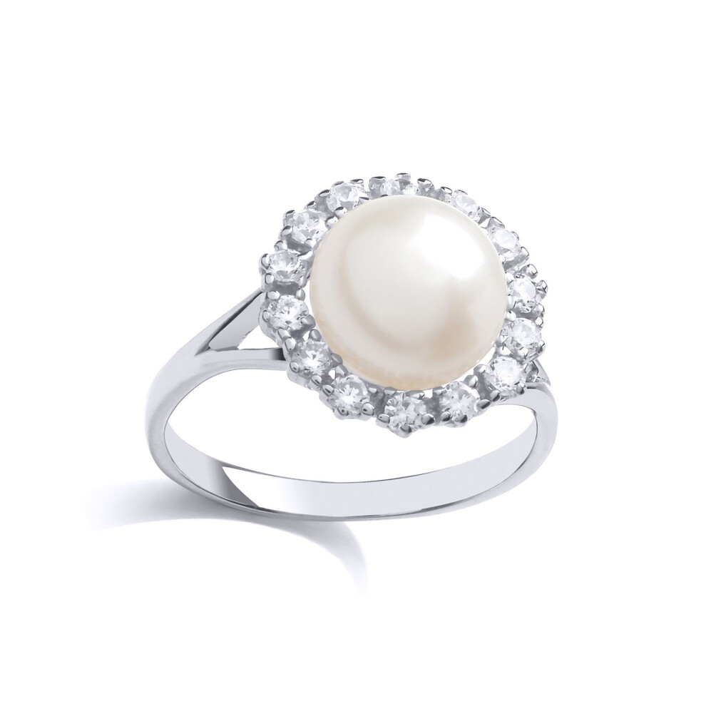 Jewelco London (P) Sterling Silver Cubic Zirconia & Freshwater Cultured Pearl Sunflower Cluster Dress Ring 9Mm - Gvr875