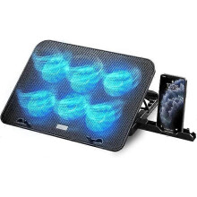 Laptopkoelstandaard compatibel met 12-17 inch laptops, 6 stille ventilatoren, 5 hoogte-instellingen, 2 USB-poorten, blauwe ledverlichting, zwart