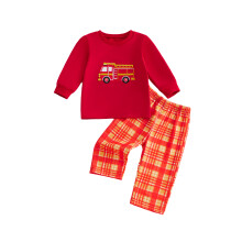 (18-24 Months, Multi-color) Baby Boy Fall Outfits Long Sleeve Fire Truck Embroidery Sweatshirt + Pants Set Toddler Clothes